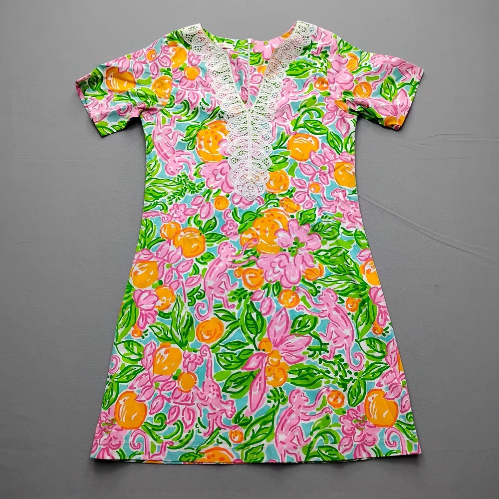 Barbara Gerwit Pink Monkey Orange Floral Lace Trim V-Neck Shift Dress Small